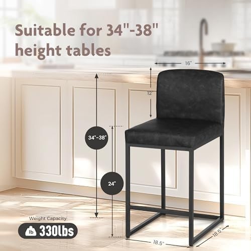Kitchen Bar Stools Set of 2 Black Faux Leather Counter Chairs 60cm