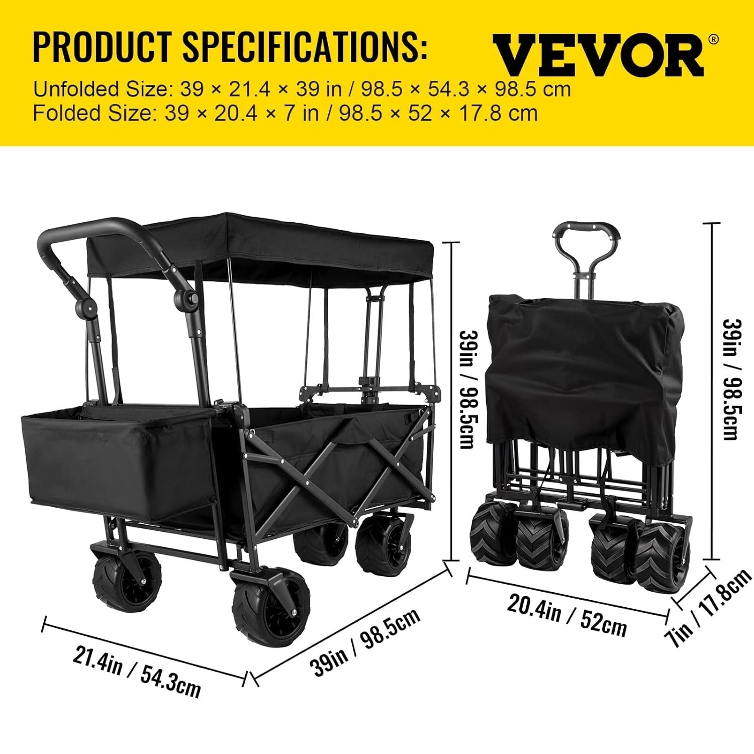 Extra Large Folding Wagon 220lbs Canopy Push Pull Cart Rear Storage 600D Black