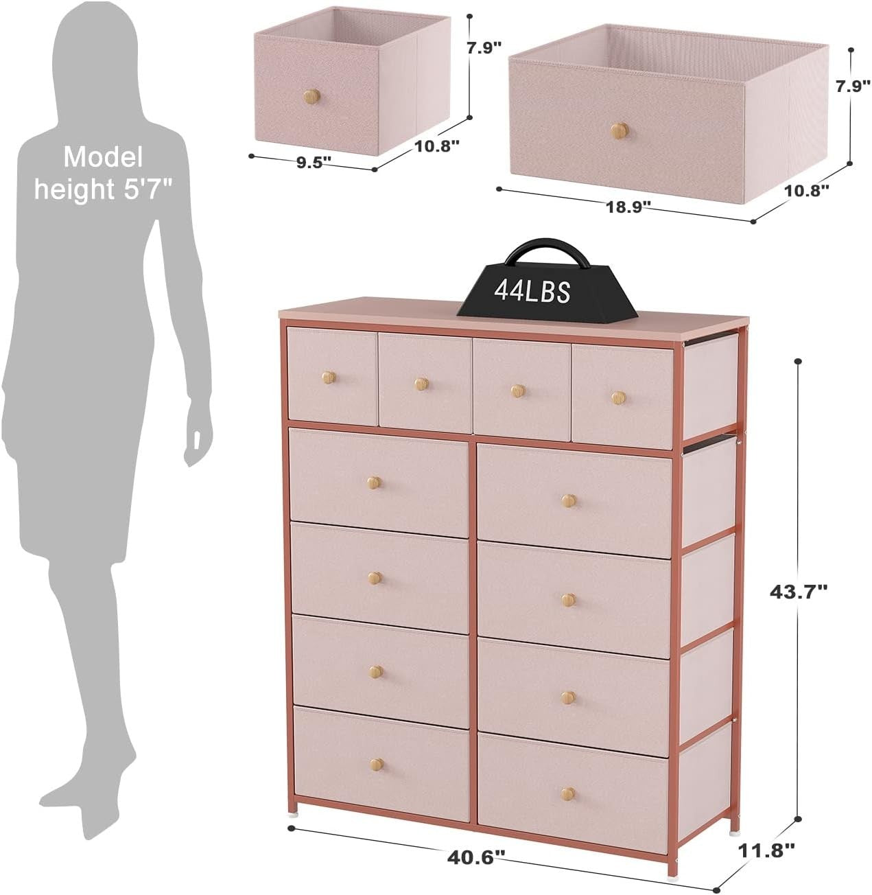 Pink 12 Drawer Tall Chest of Drawers Storage Unit for Bedroom Nursery