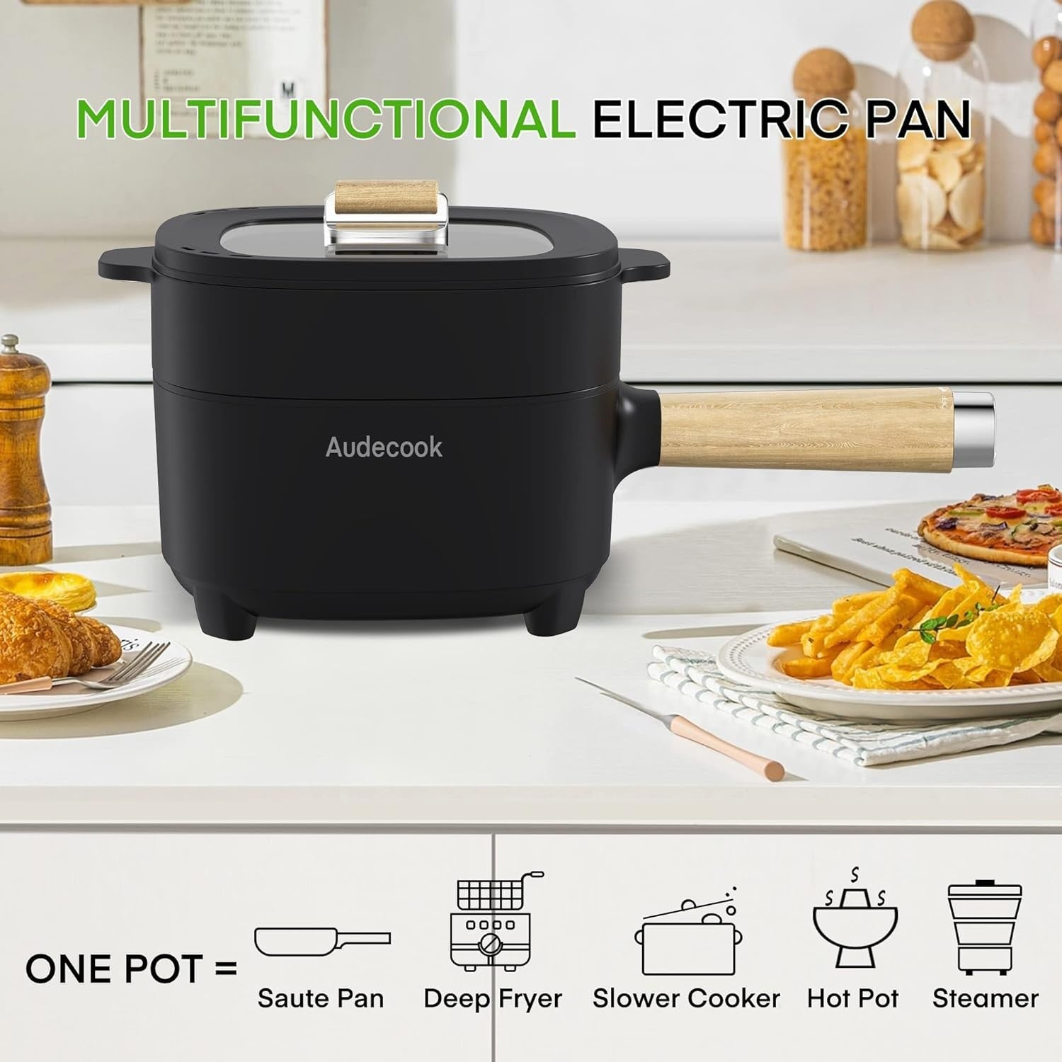 Electric Hot Pot Multi-Cooker 2L Ceramic Non-Stick Pan with Steamer Lid