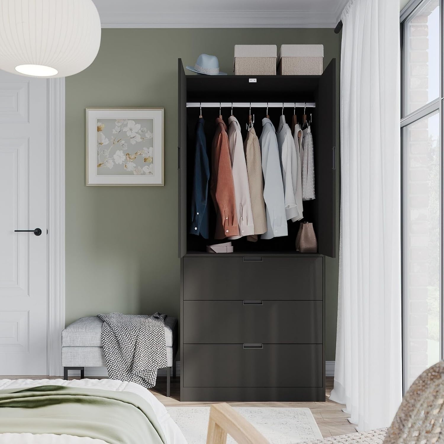 Modern Black Wardrobe 2 Door 3 Drawer Hanging Rail Storage Unit 180cm