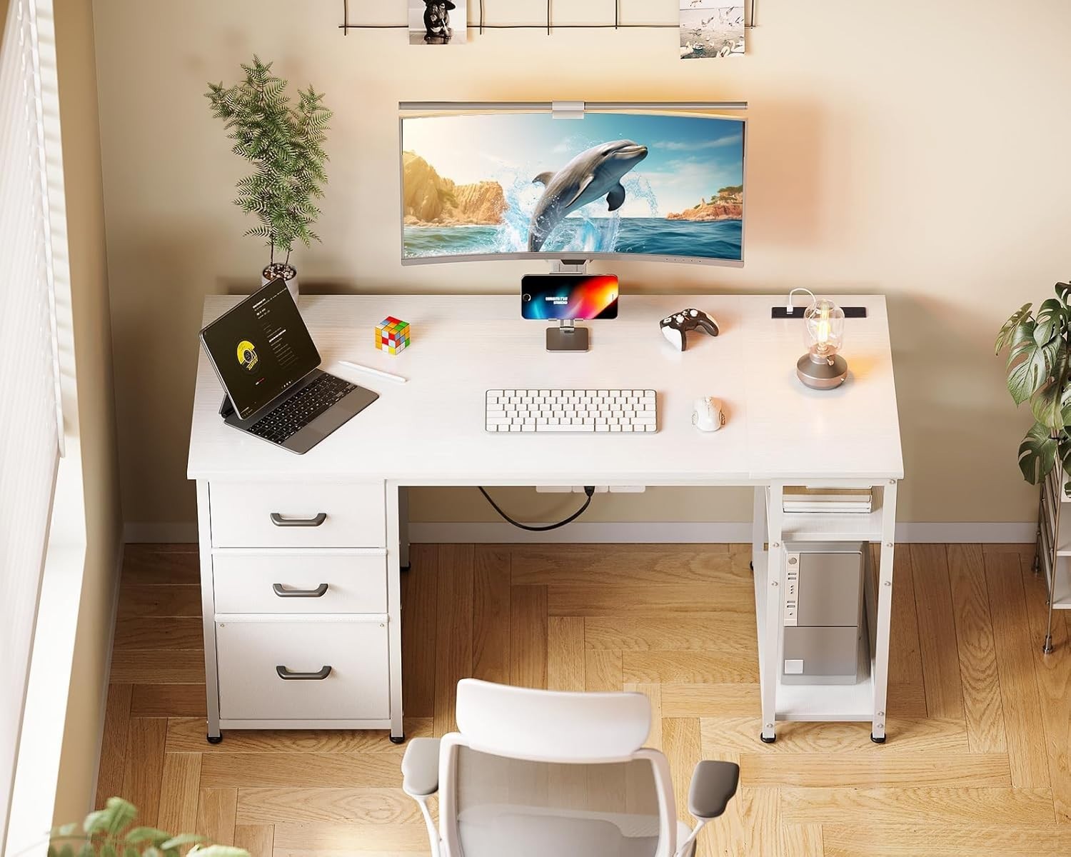 White 130cm Office Desk w/3 Drawers, Shelves & Power Outlets | Reversible Study