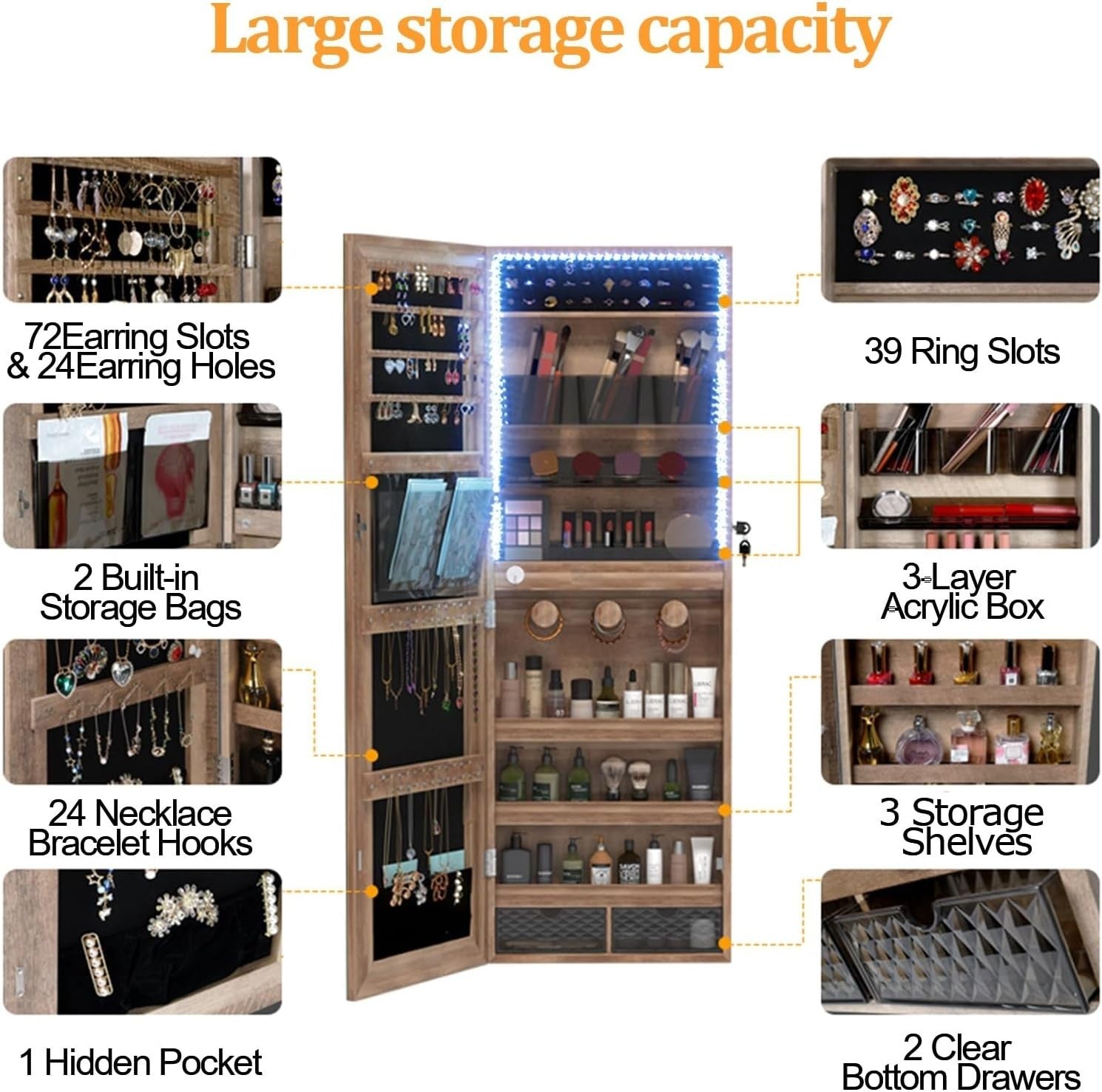 LED Full Length Jewelry Mirror Organizer Lockable Storage Armoire