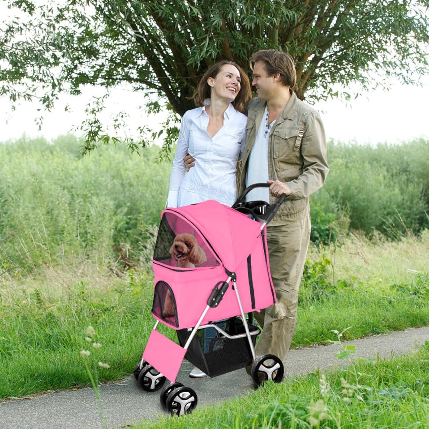 Pet Travel Stroller Dog Cat Pushchair 4 Wheel Folding Pram Jogger Pink