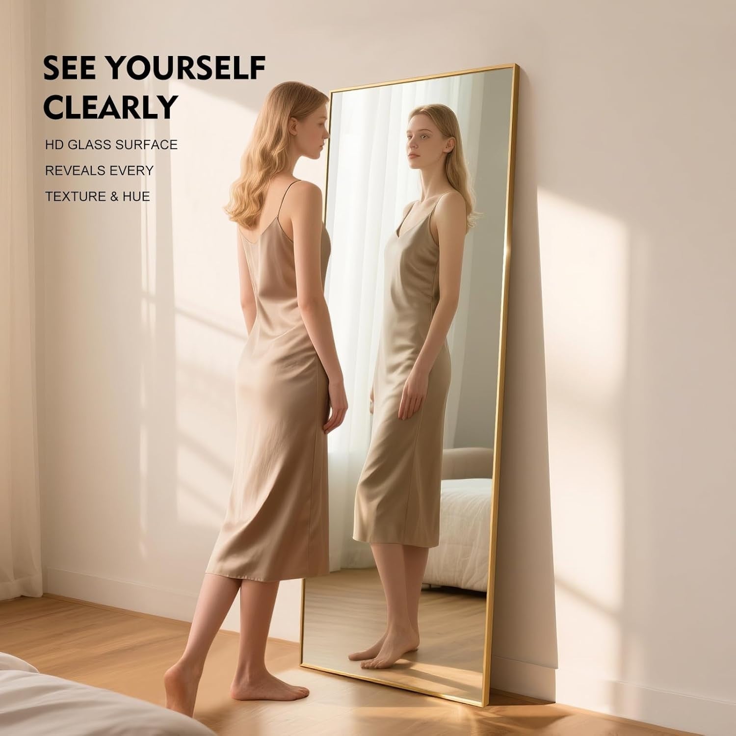 Large Full Length Mirror 165x60cm Gold Frame, Shatterproof Glass Wall Leaning