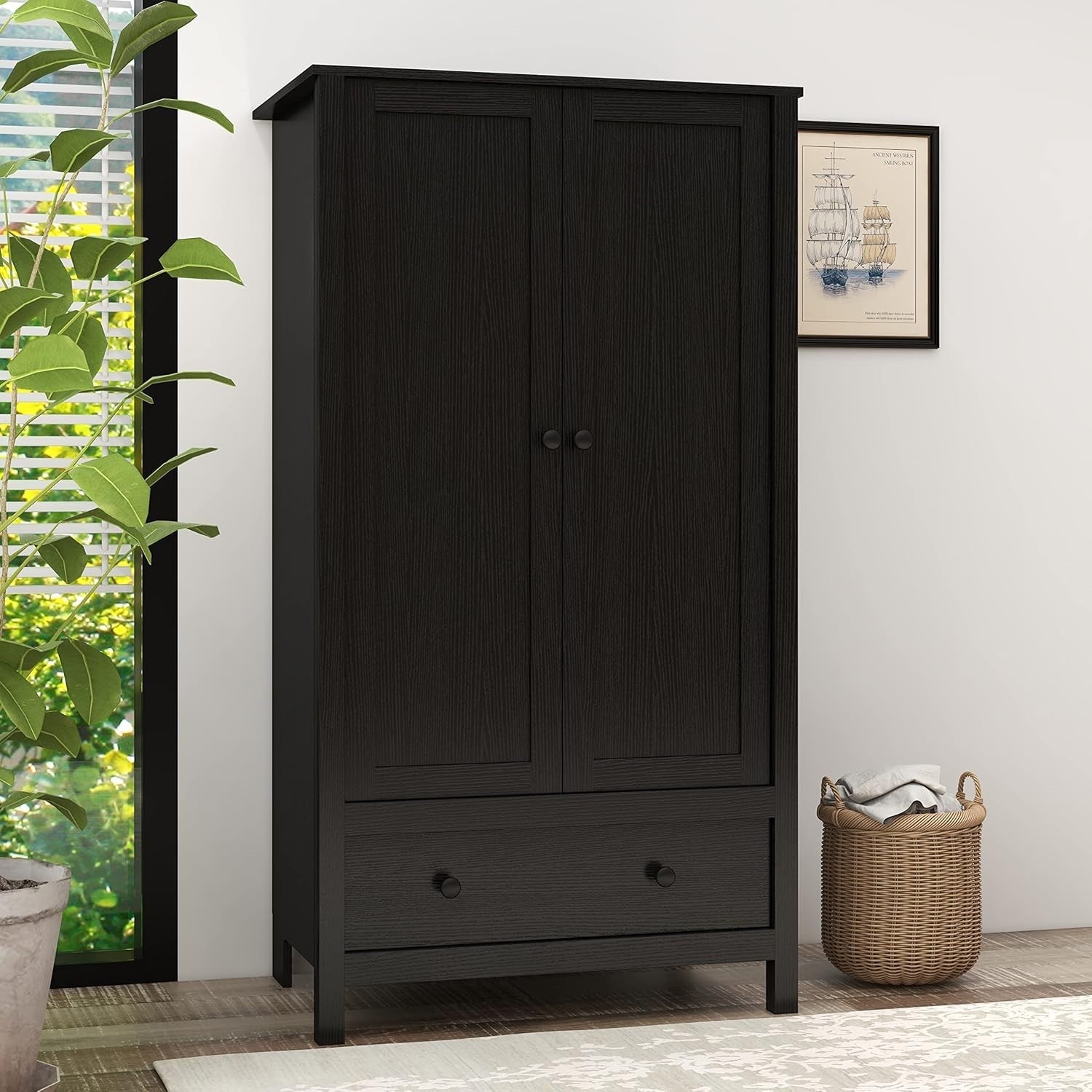 2 Door Wardrobe with Drawer Black Wooden Bedroom Storage Cupboard