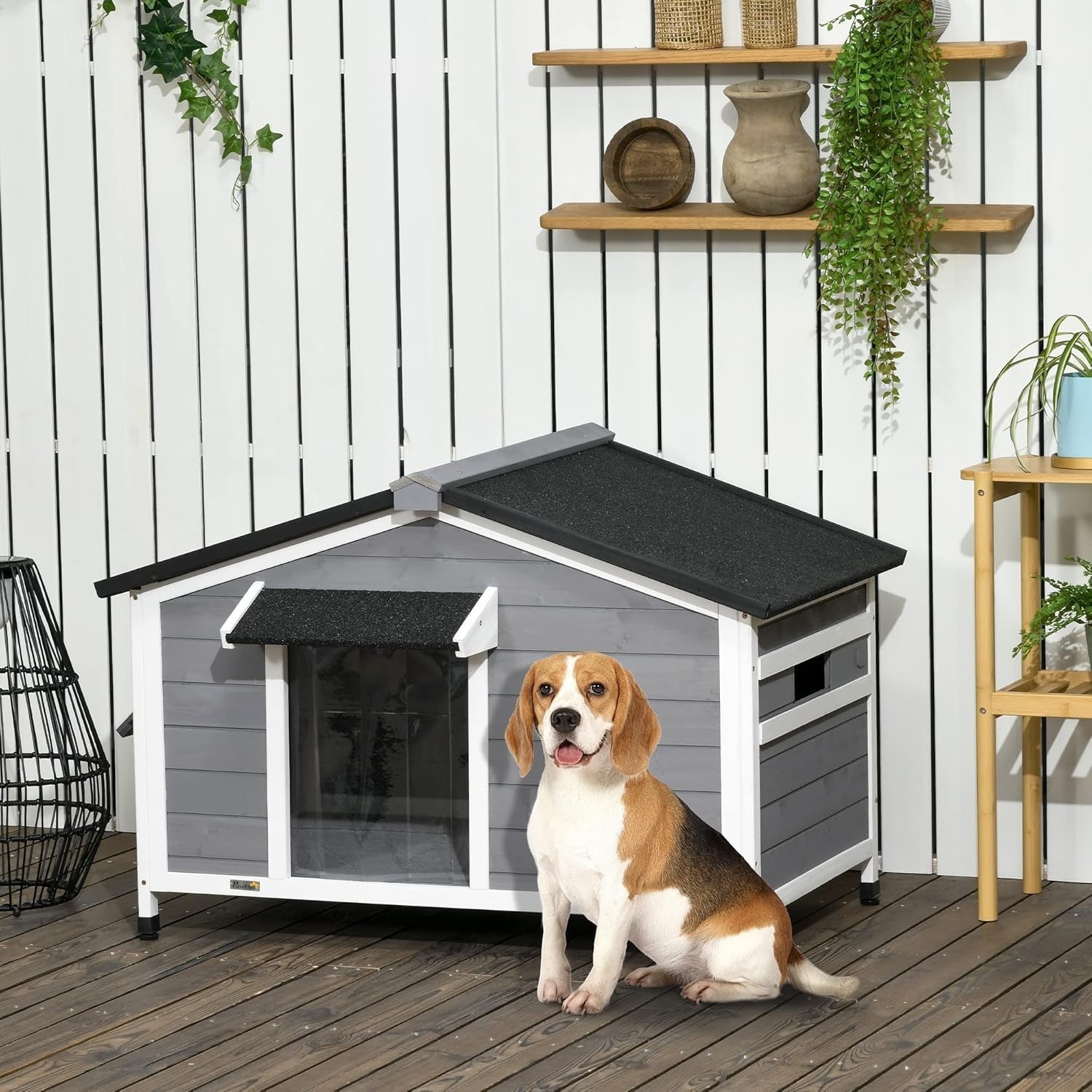Outdoor Wooden Dog Kennel with Raised Base & Ventilated Roof 109x79x72cm Grey
