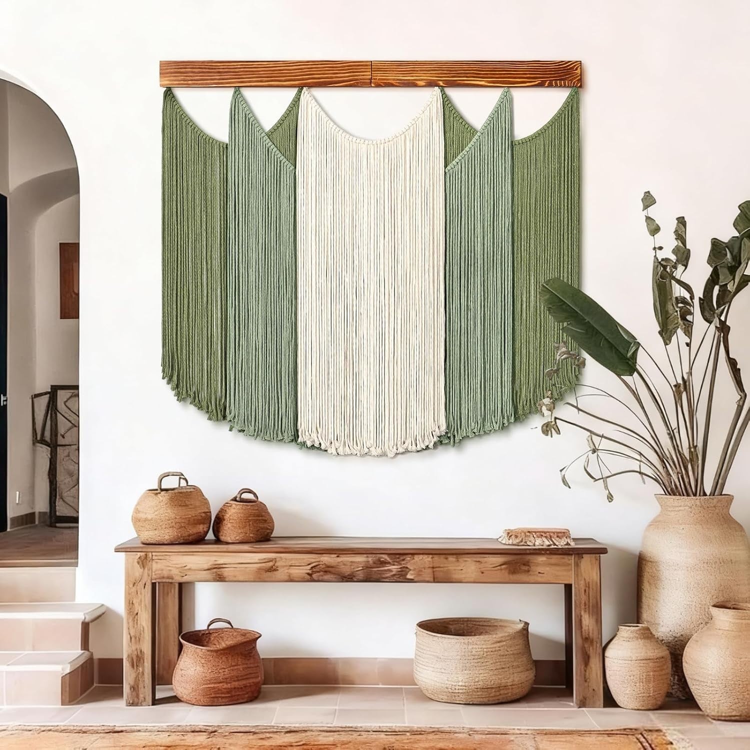 Boho Macrame Wall Hanging Dip-Dyed Green Beige Woven Tapestry