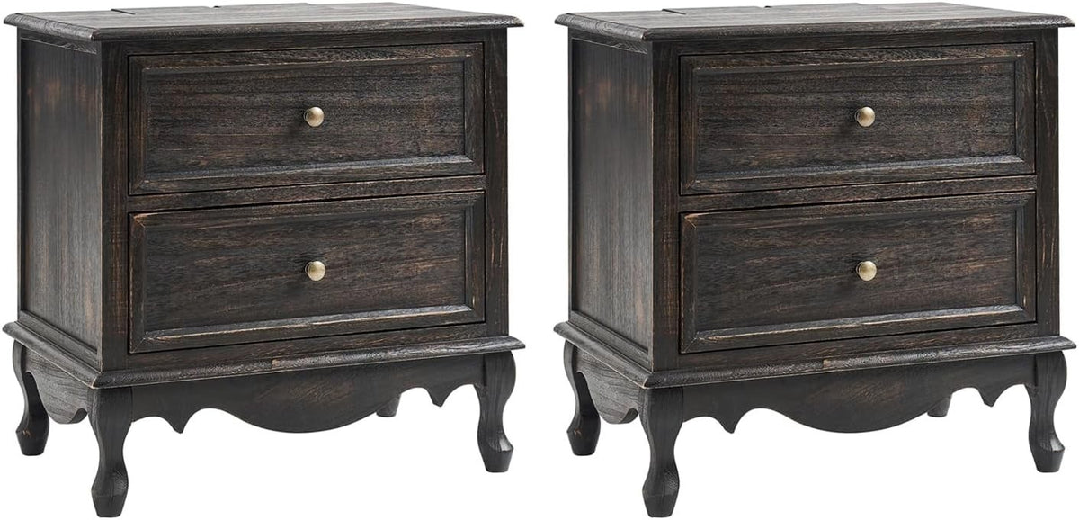 Charcoal Wood 2 Drawer Nightstand – French Country Bedside Table