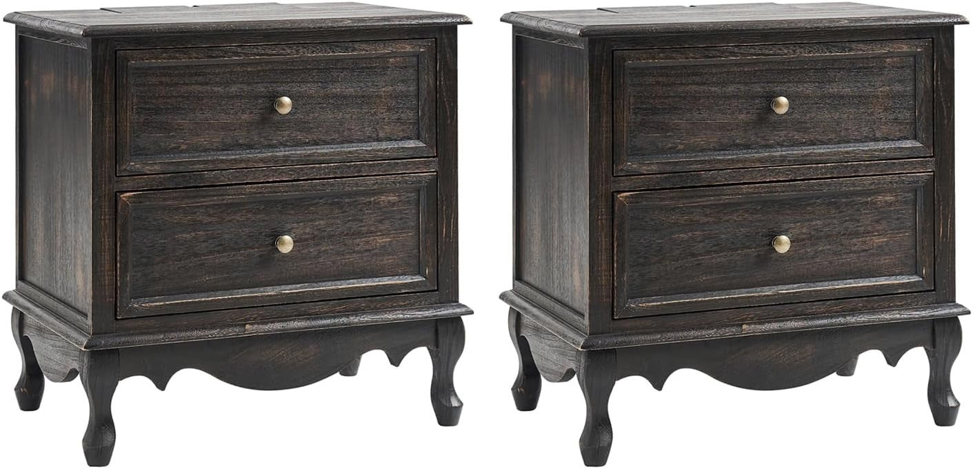 Charcoal Wood 2 Drawer Nightstand – French Country Bedside Table