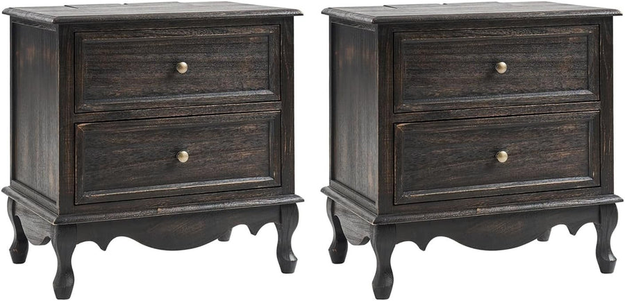 Charcoal Wood 2 Drawer Nightstand – French Country Bedside Table
