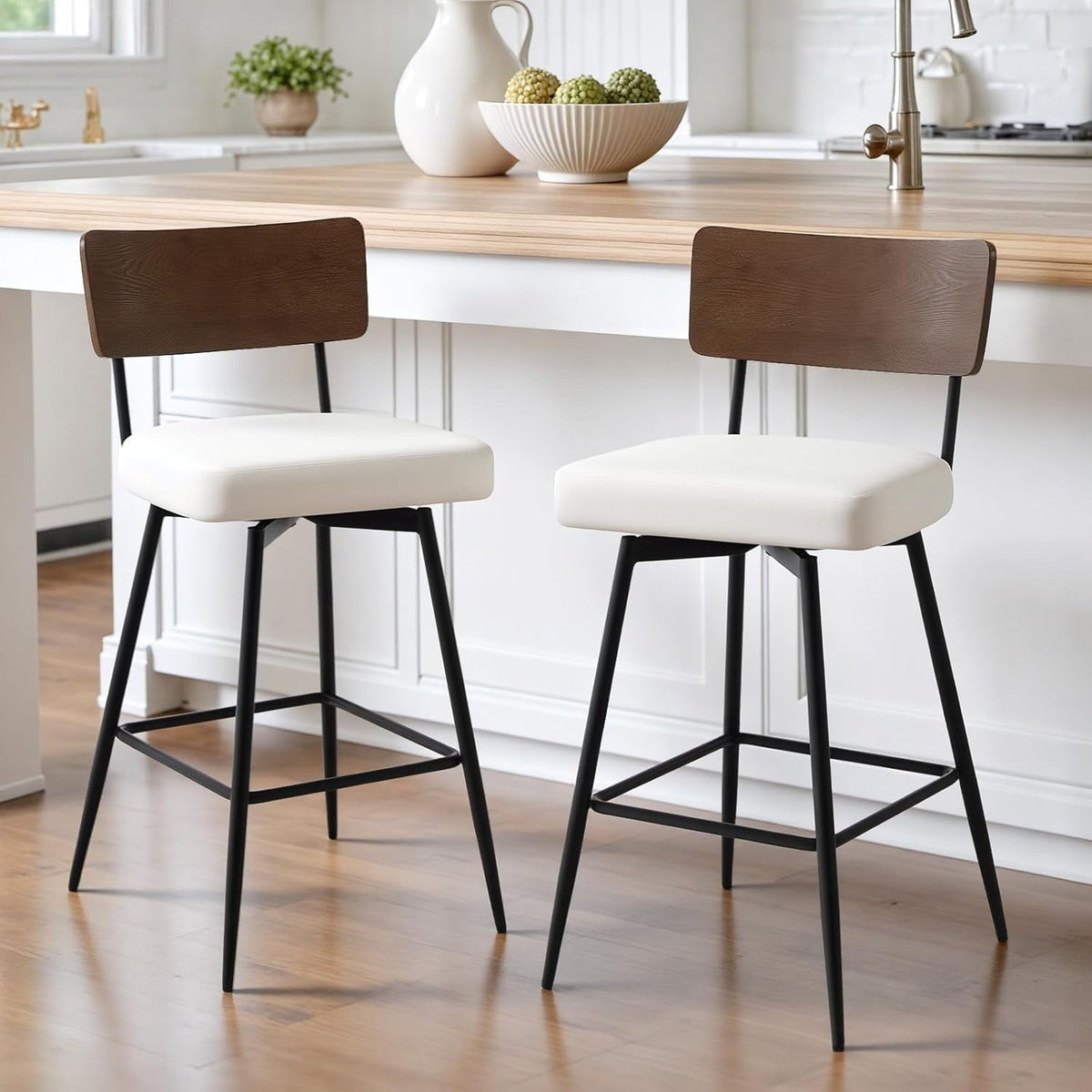 White PU Leather Swivel Bar Stools Set of 2 Mid-Century Modern Counter Chairs