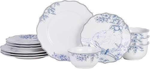 12pc White Blue Porcelain Dinnerware Set Floral Plates Bowls Service for 4