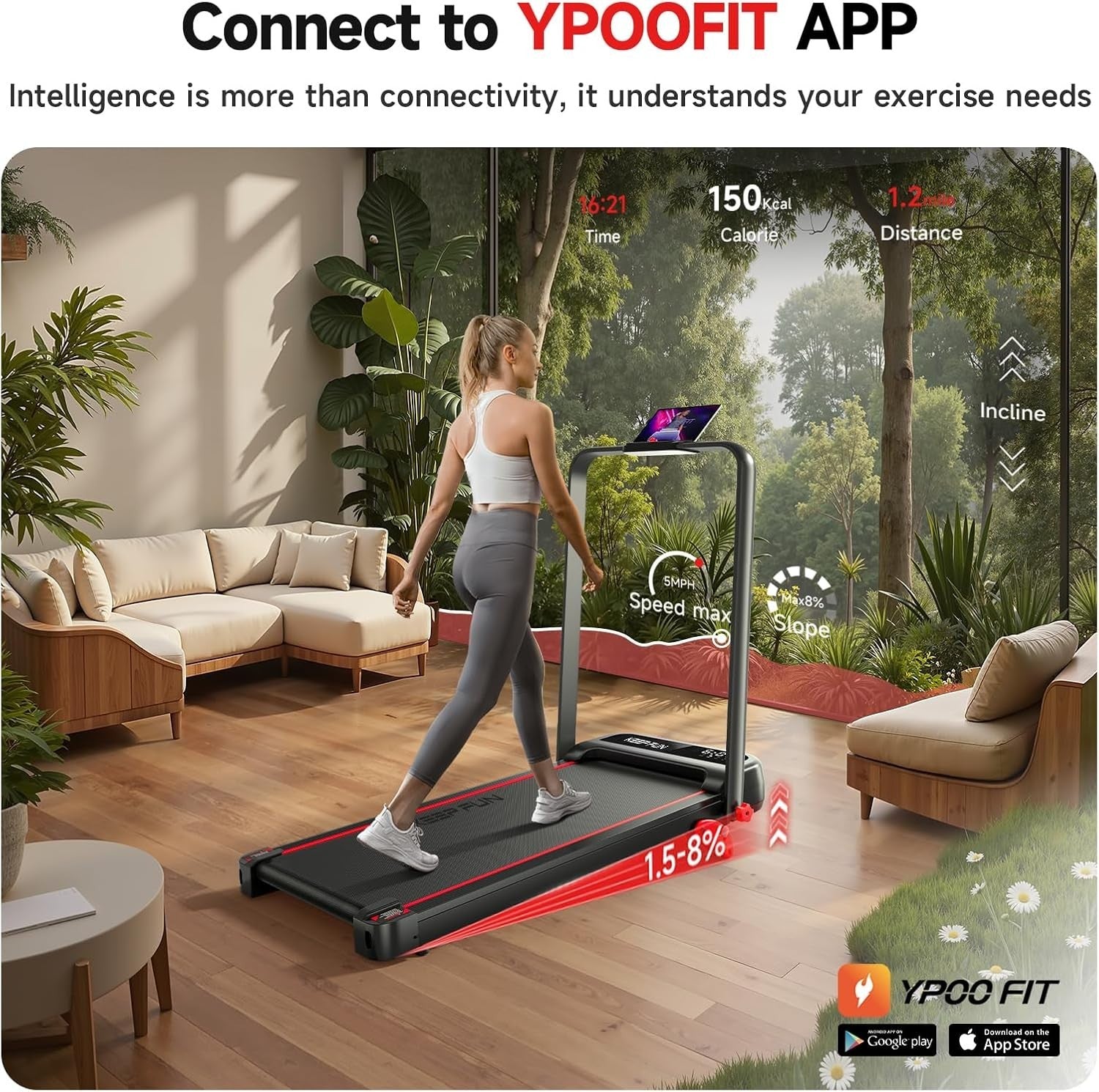 Foldable Walking Pad 8% Incline, 2.5HP, Handle Bar, App Control, 300lbs Home