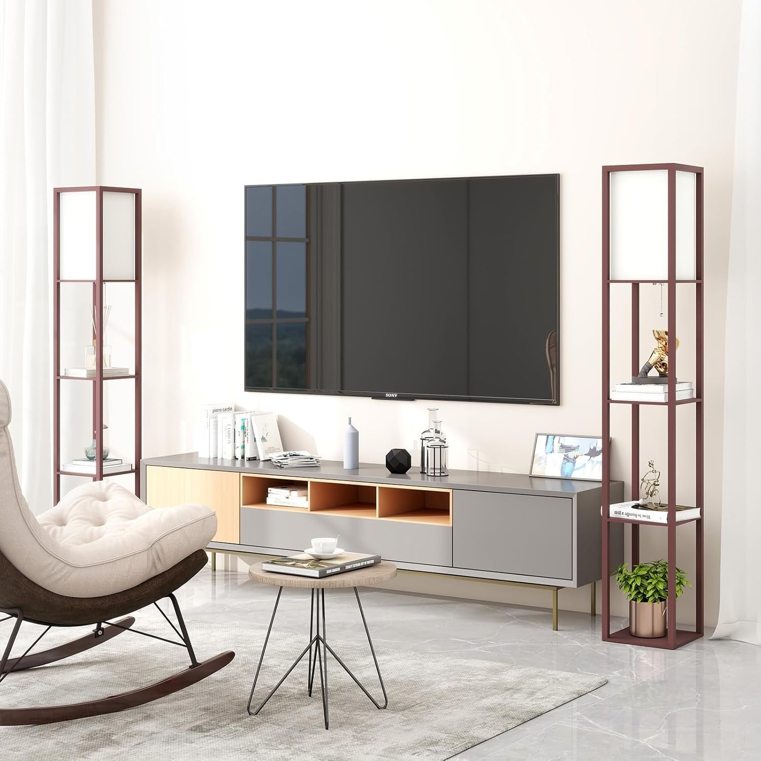 Floor Lamp with Shelves LED Bulb Included Wooden Storage Standing Light