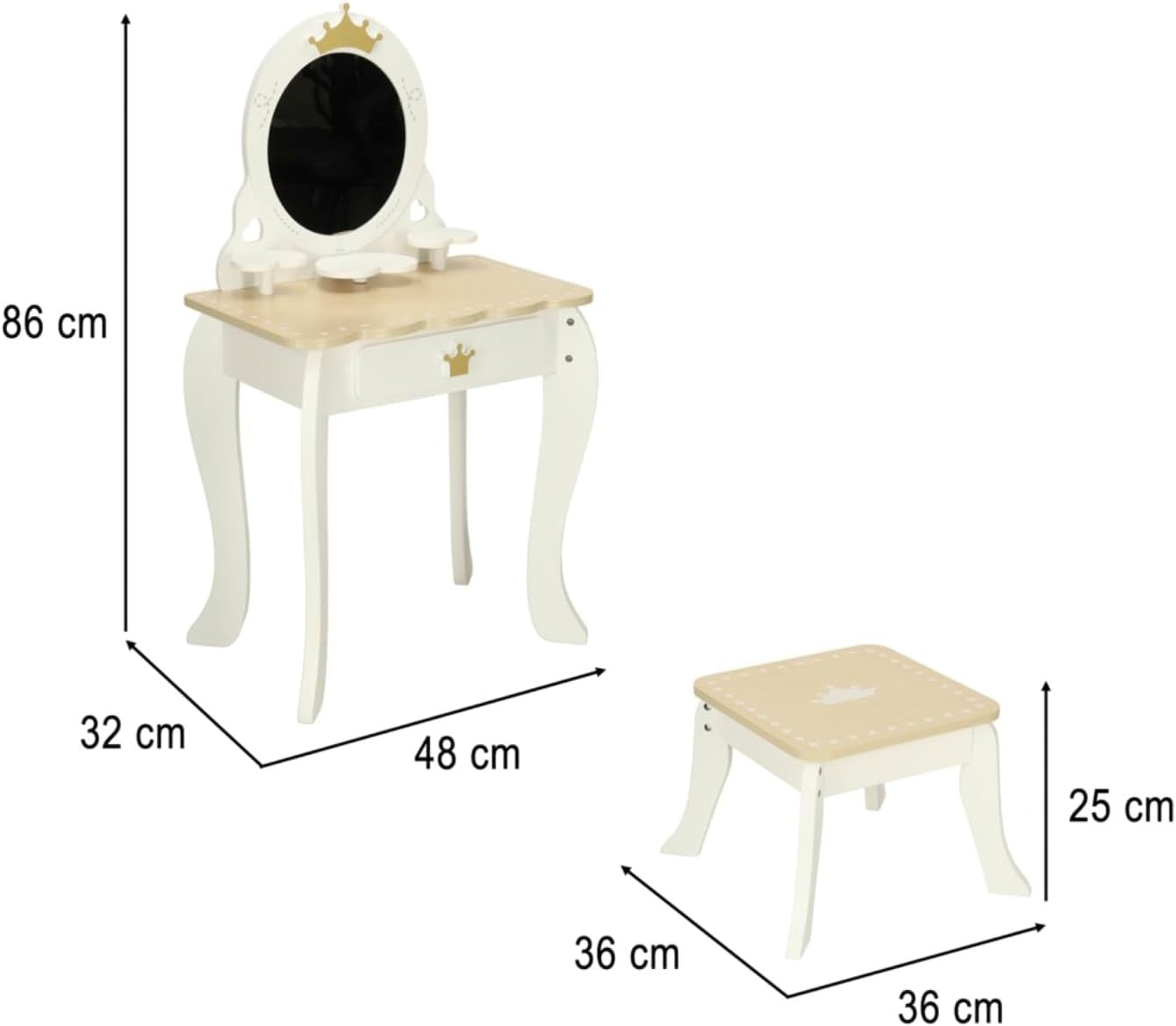 Kids Wooden Dressing Table & Stool Set 8pc Pretend Play Vanity Mirror Oak