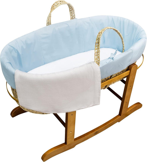 Hand-woven Palm Moses Basket with Deluxe Natural Rocking Stand & Mattress Blue