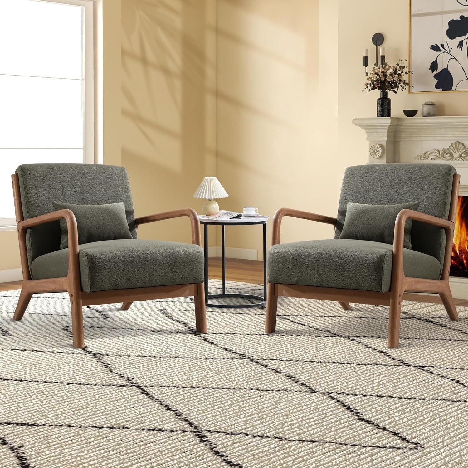 2x Mid Century Lounge Chairs – Solid Wood Frame, High Back, Linen Seat