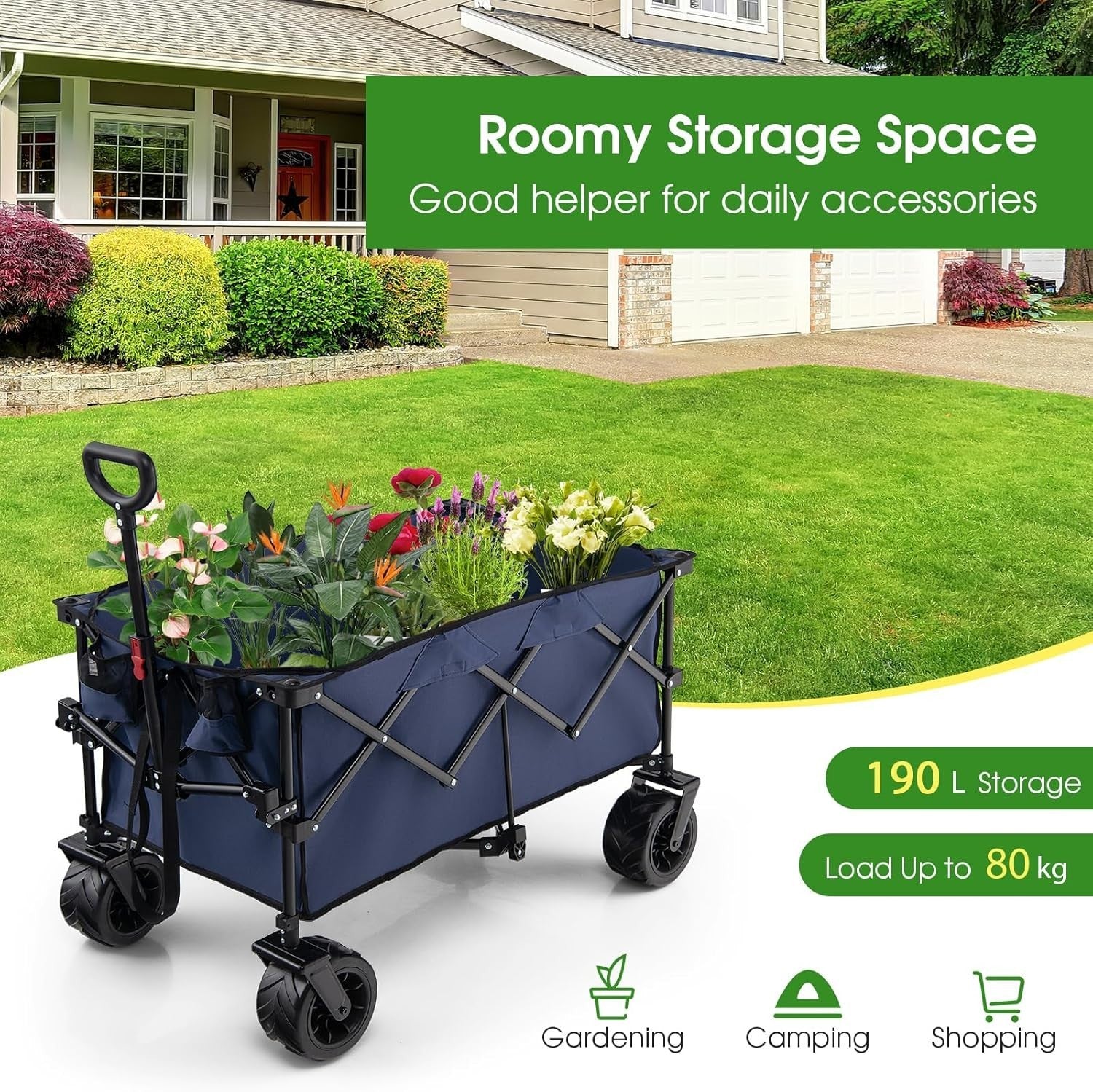 Blue Folding Camping Wagon Heavy Duty Collapsible Garden Cart Adjustable Handle