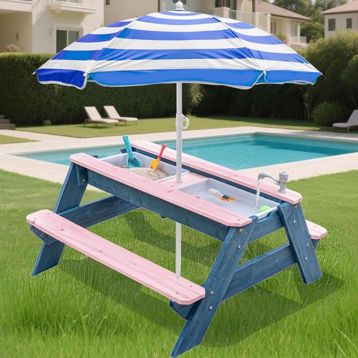 Kids Outdoor Sand & Water Picnic Table with Umbrella | 3-in-1 Wood Play