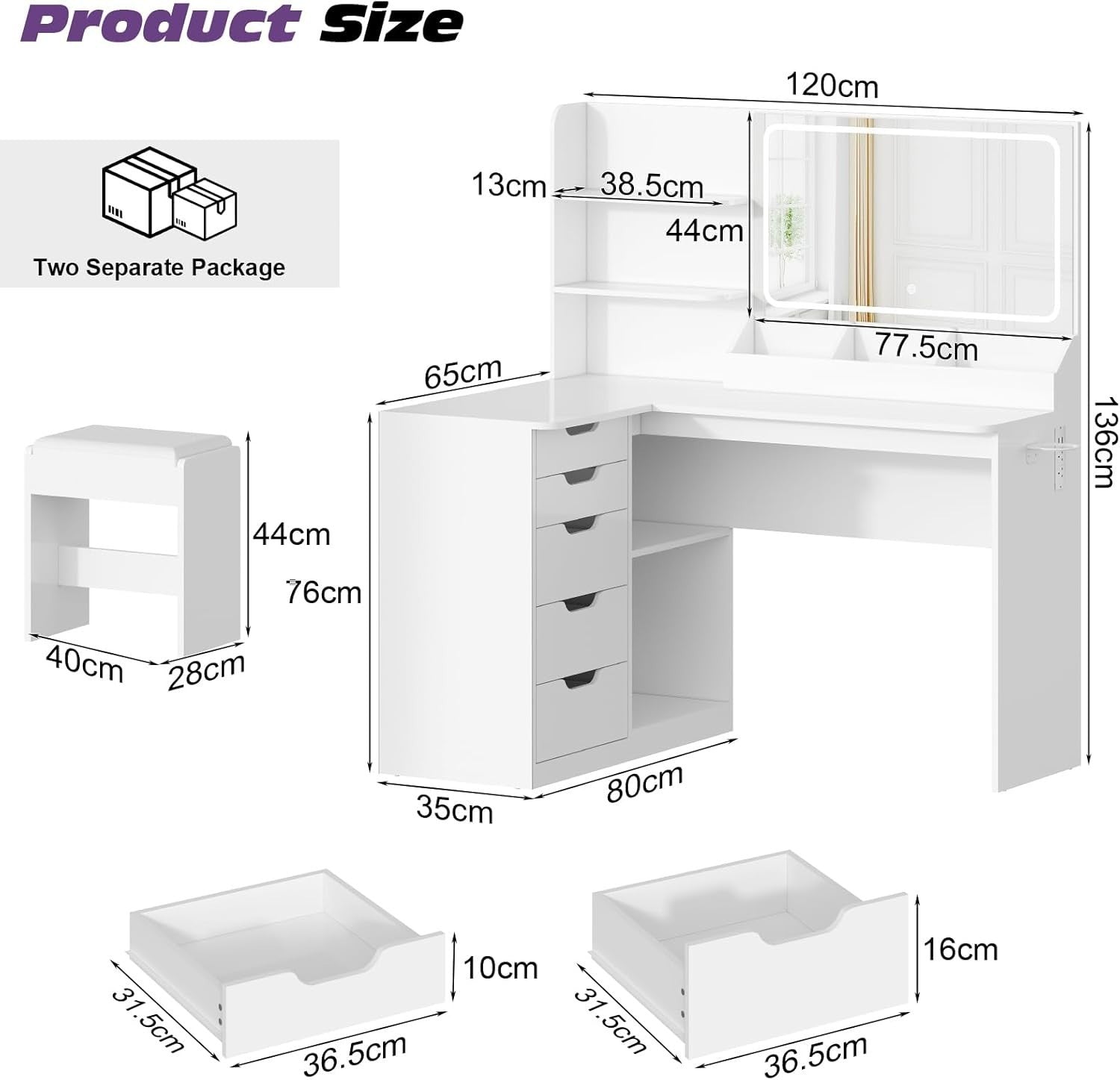 Makeup Vanity Desk Corner L-Shaped Table 5 Drawers LED Light Mirror Modern