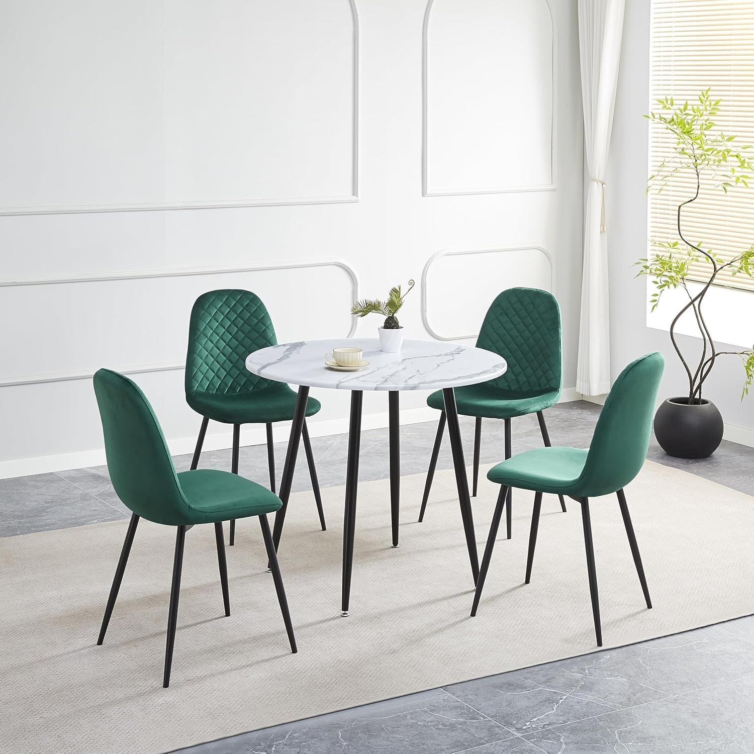 Round Marble Dining Table 4 Green Velvet Chairs Modern 90cm Kitchen Set