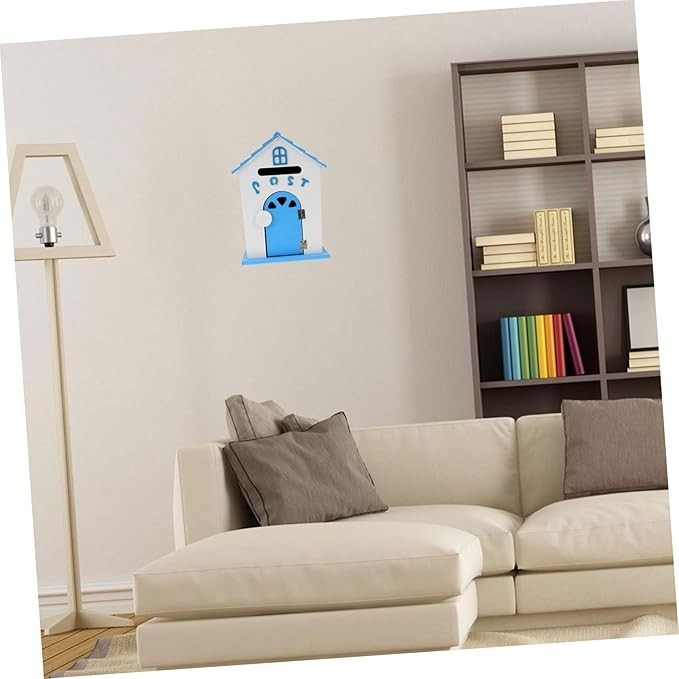 Wall Mounted Wooden Mailbox Suggestion Box Blue Decorative Post Box 32cm