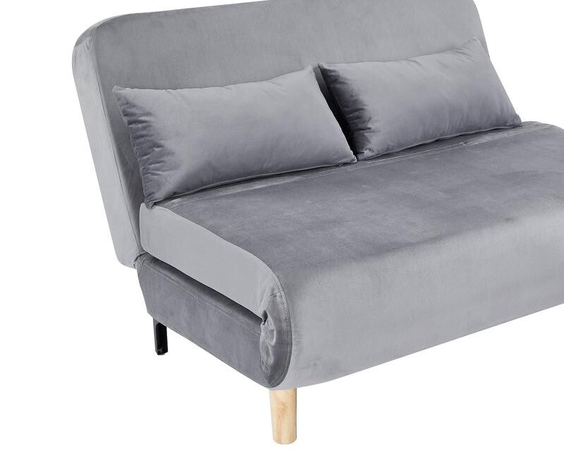 Grey Velvet 2-Seater Sofa Bed Futon Recliner w/ Wooden Legs Pillows