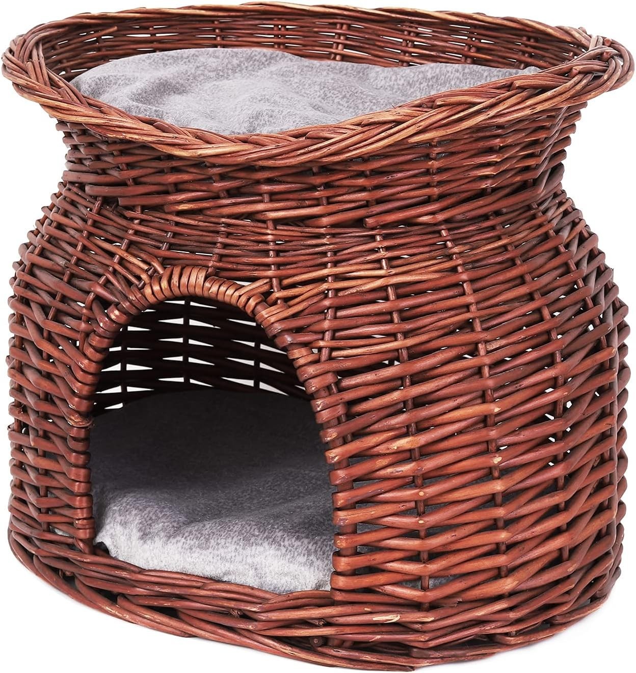 2 Tier Wicker Cat Cave House Basket Bed with Cushions Brown