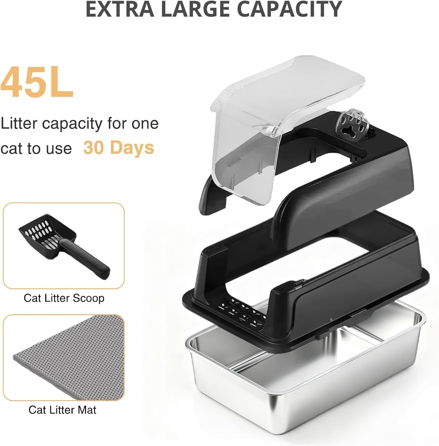 XL Stainless Steel Cat Litter Box Clear Lid High Sided Enclosed Tray