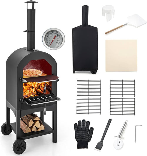 Outdoor Wood-Fired Pizza Oven | Patio BBQ Grill w/ Thermometer, Stone & Cover