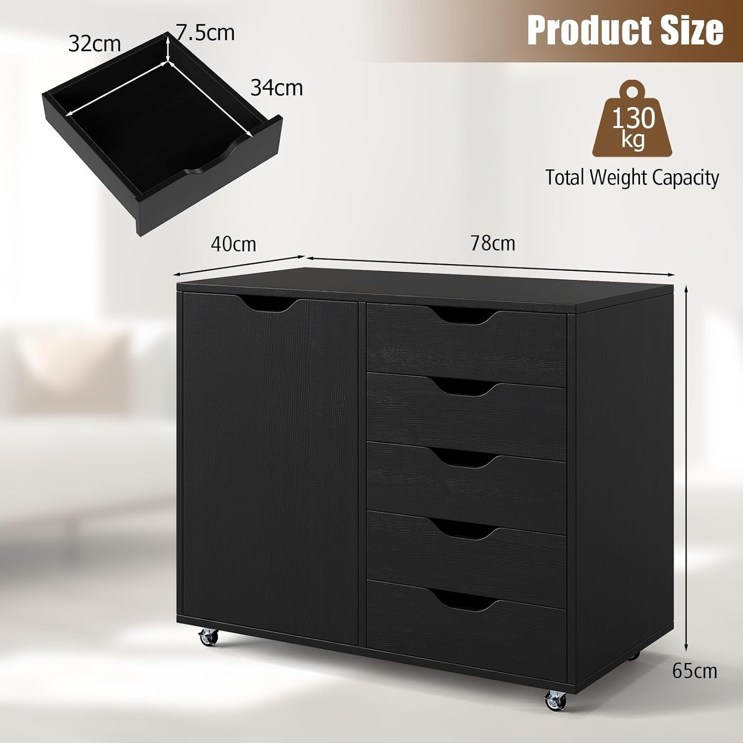 Black 5 Drawer Mobile File Cabinet 78x40x65cm Printer Stand