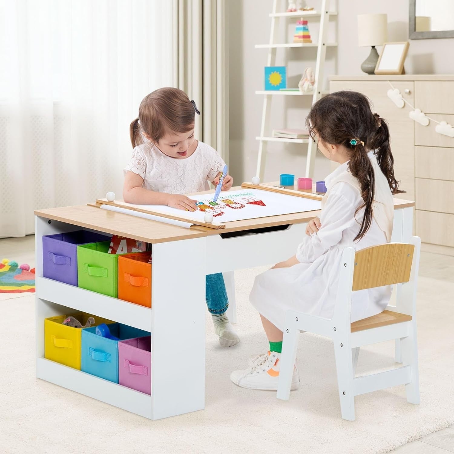 Kids Art Table & Chairs Set with Storage, Paper Roll & 6 Paint Cups 109cm
