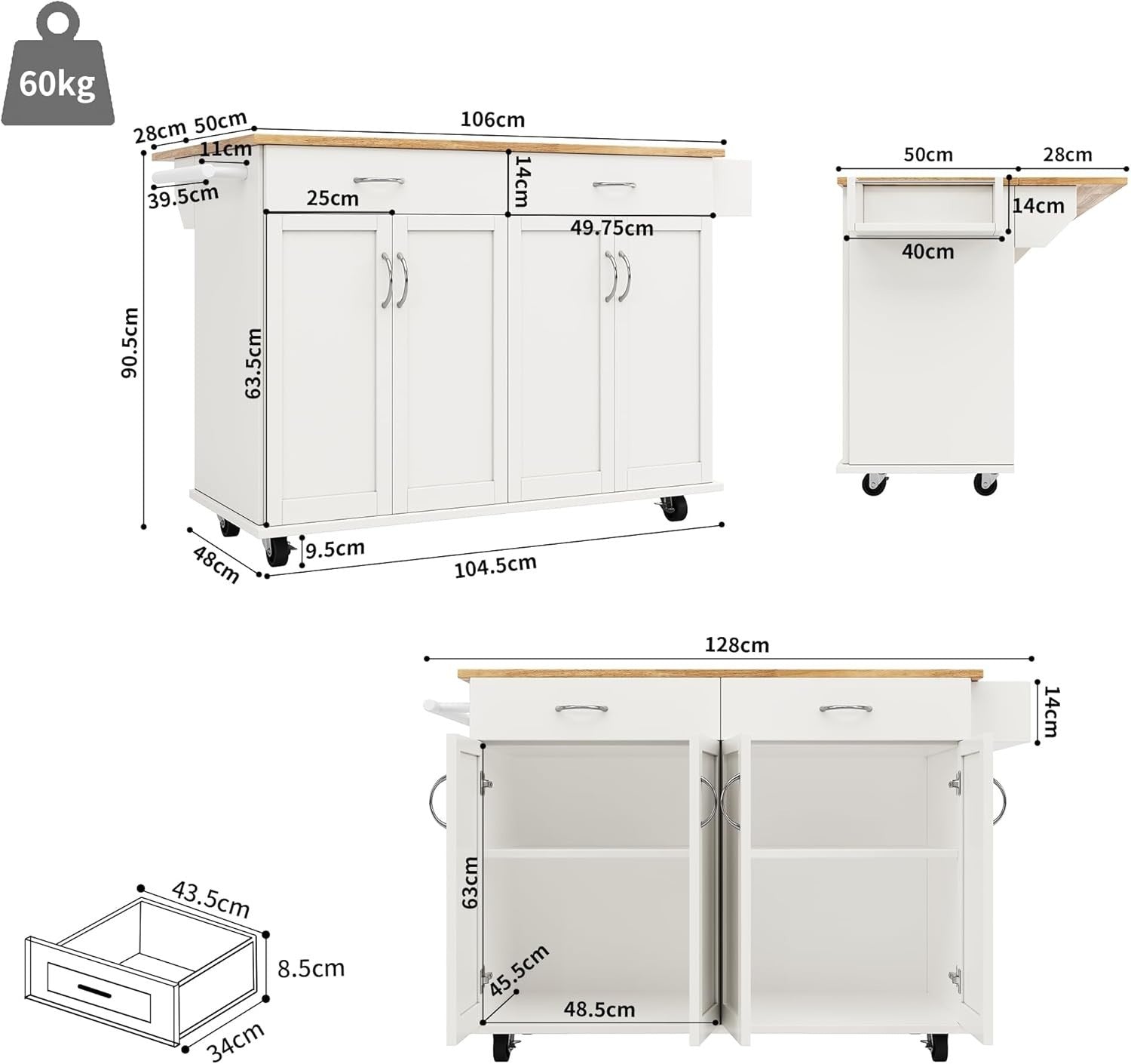 Rolling Kitchen Island Trolley with Foldable Sideboard, Drawers & Spice Rack