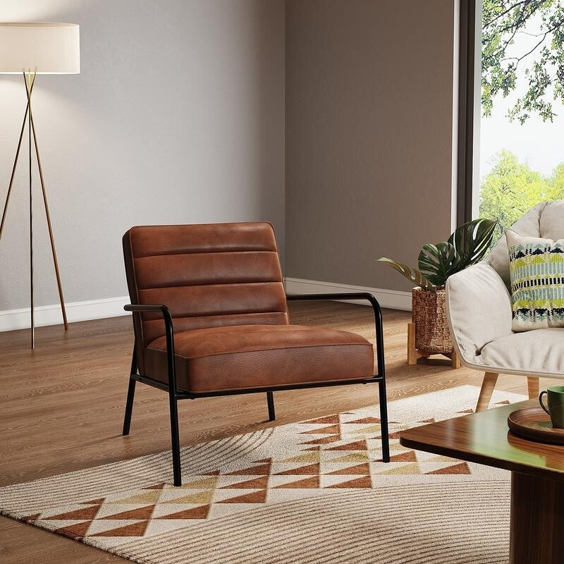 Tan PU Leather Accent Armchair Deep Seat Black Metal Frame Modern