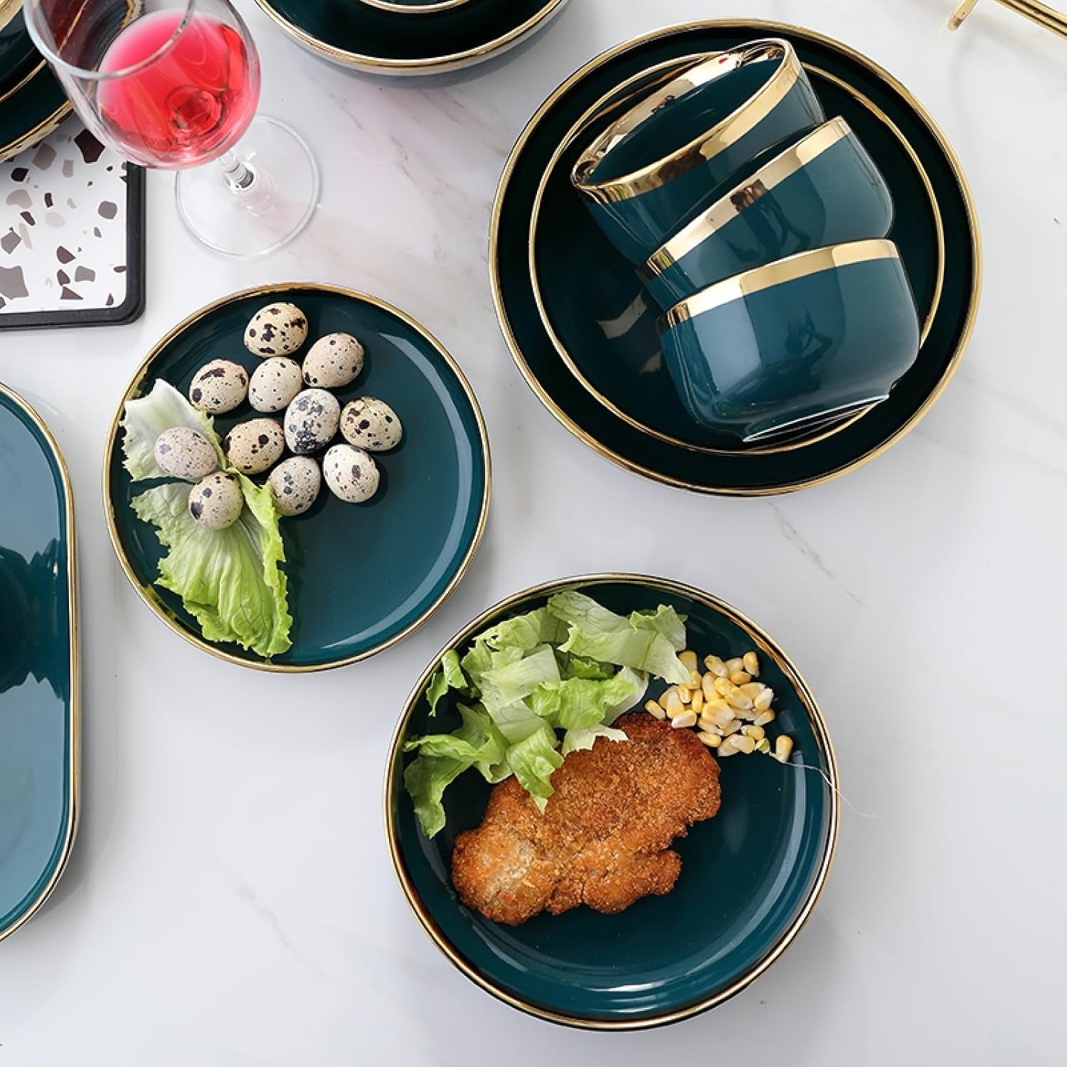 24 Piece Bone China Dinner Set Gold Rim Green Plates Bowls Microwave Safe