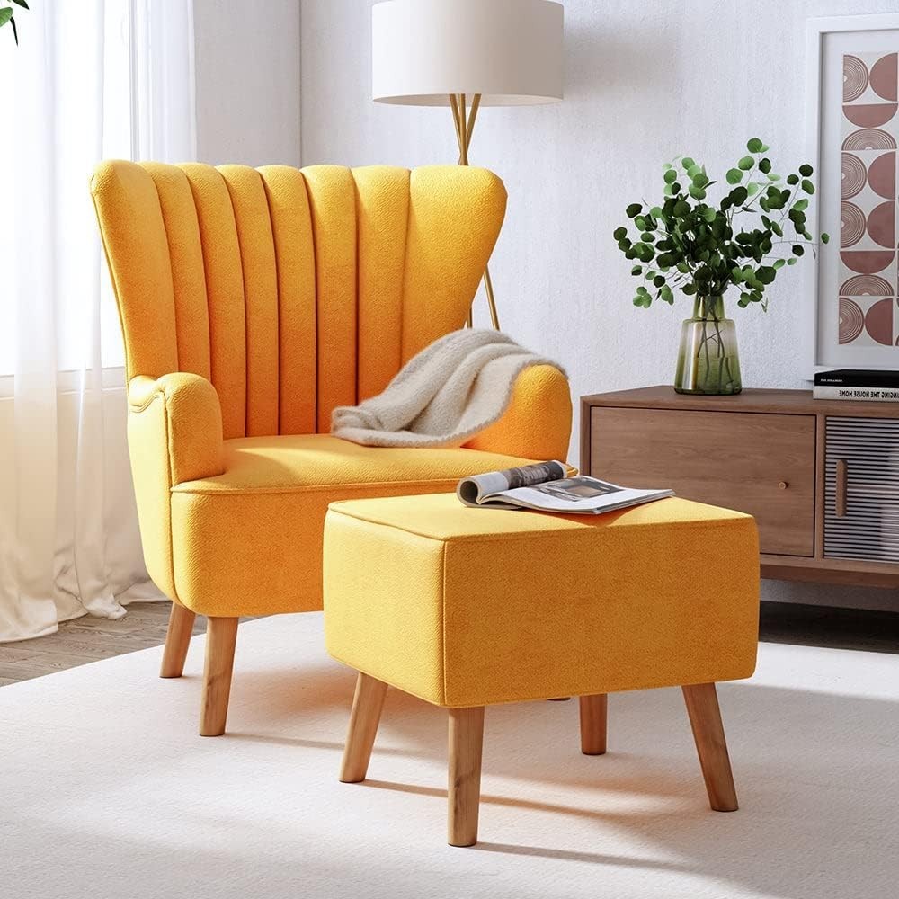 Yellow Linen Wingback Tub Chair with Footstool, Wooden Legs, Lounge Sofa
