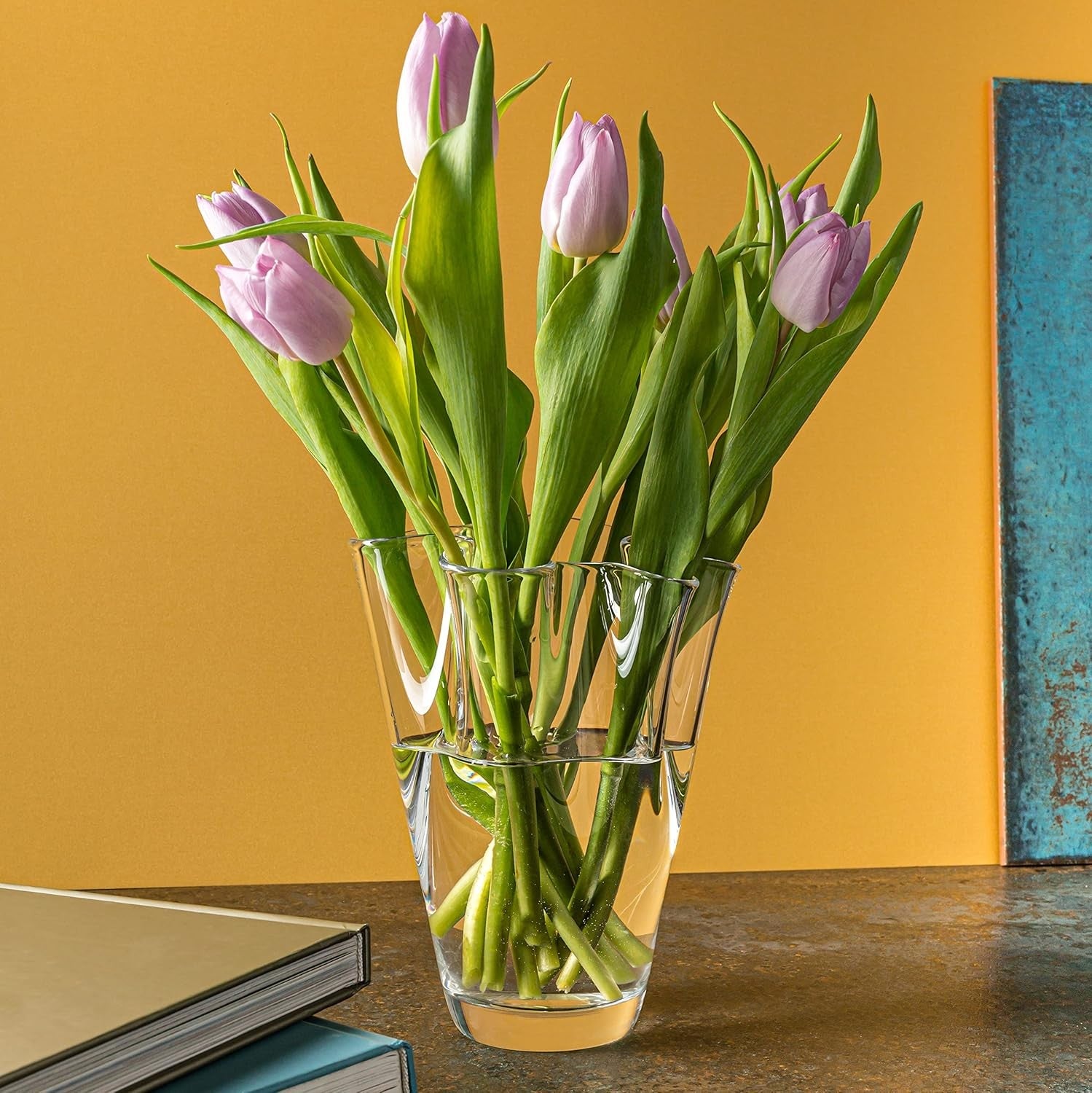 Glass Flower Vase 23cm Wavy Top Mouth Blown Heavy Crystal Centrepiece