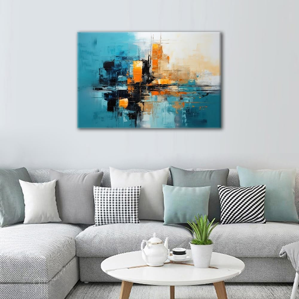 Blue Orange Abstract Canvas Wall Art 24x36in Framed