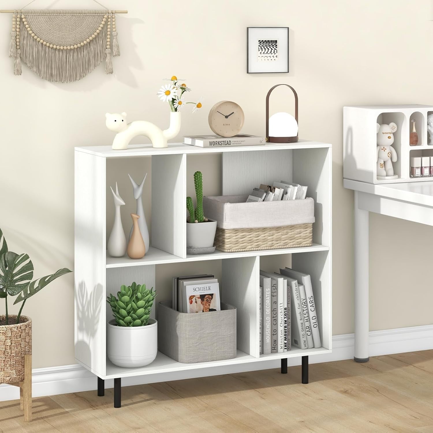 4-Cube Storage Bookcase White Wooden Shelves Metal Legs Anti-Tip 90x30x90cm