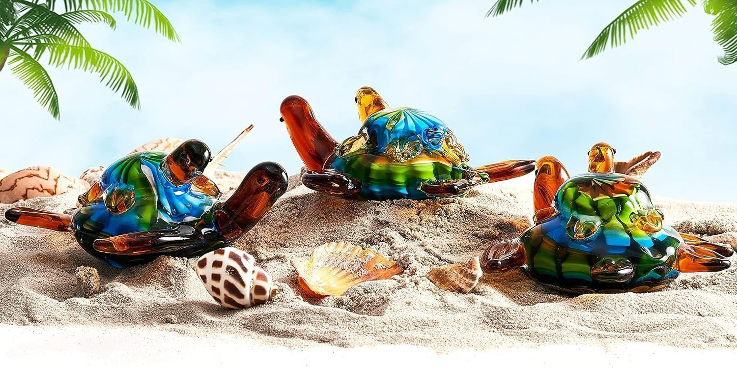 Hand Blown Glass Sea Turtle Figurine • Colourful Ocean Ornament • Art Glass Home