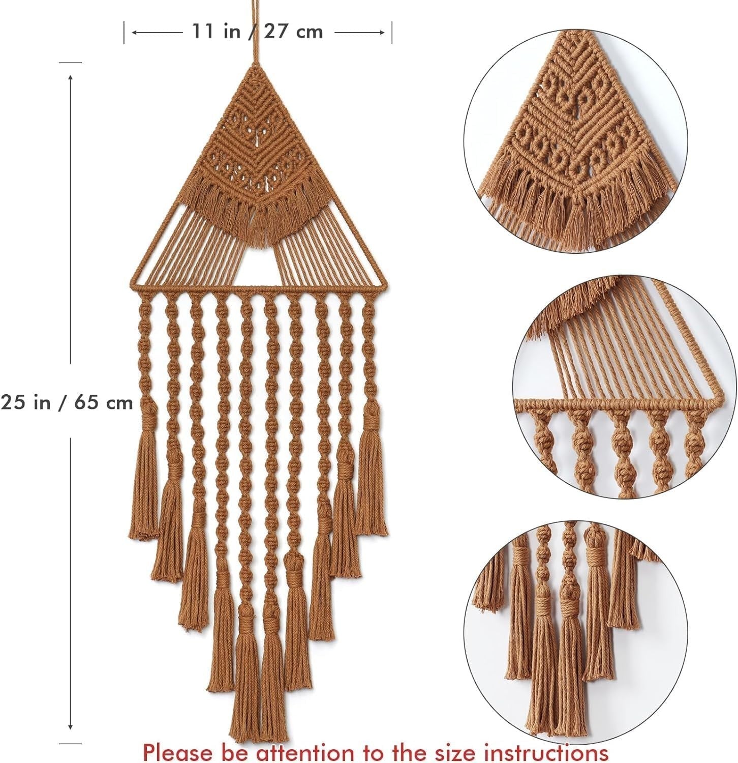 Brown Triangle Macrame Wall Hanging Boho Tassel Decor 70cm