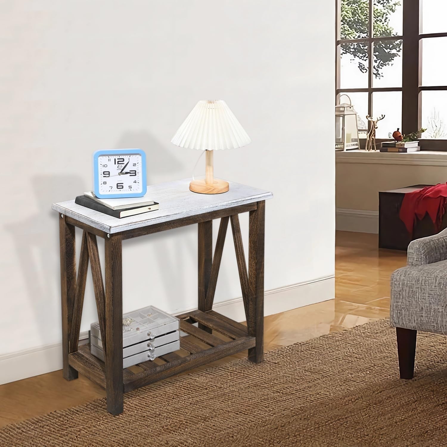 Rustic White & Brown Farmhouse Side Table with Storage Shelves, Compact Nightsta