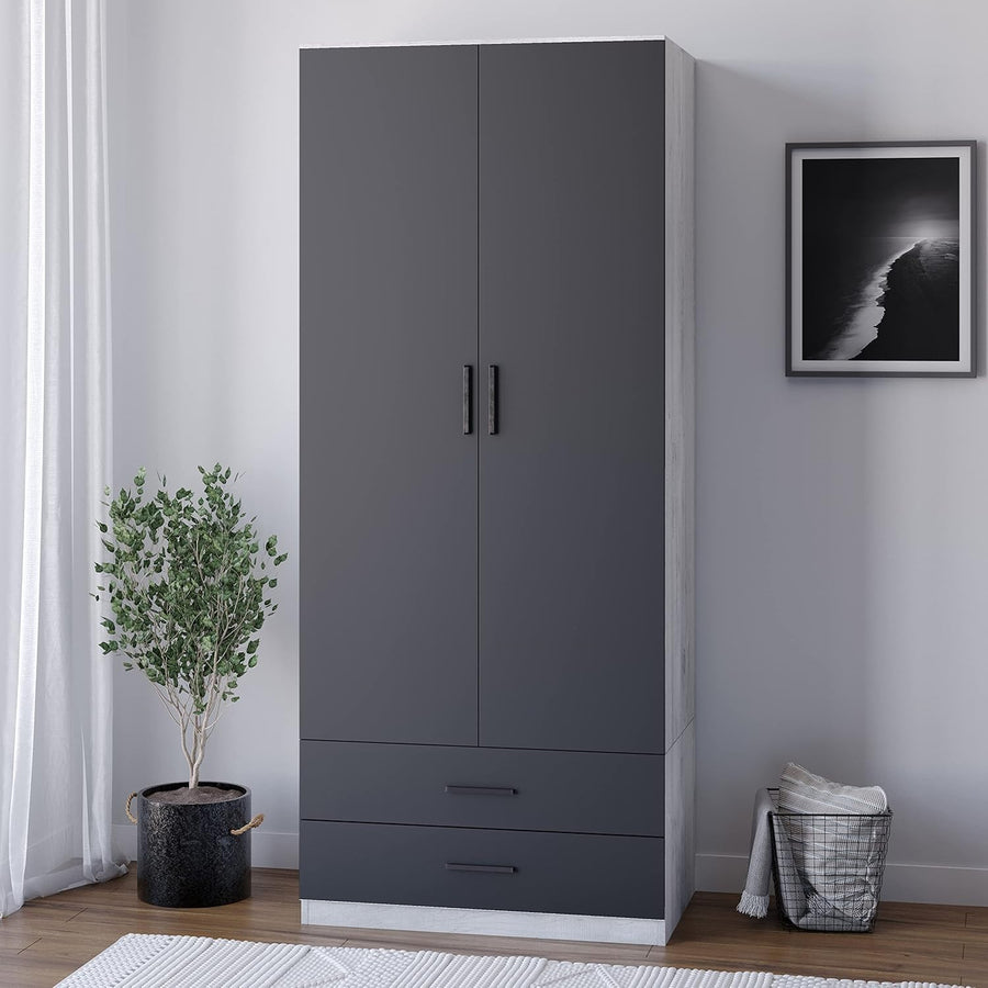 Modern Ash Grey Tall Wooden Wardrobe with 2 Drawers Bedroom Storage Unit