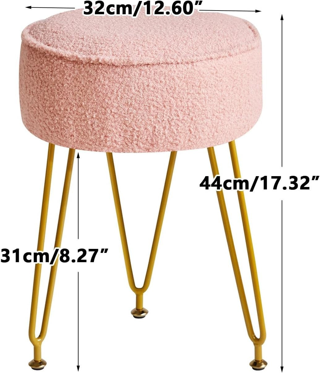 Velvet Round Footrest Ottoman – Cream White Vanity Stool with Steel Legs