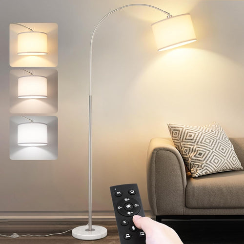 Arc Floor Lamp Silver Remote Dimmable LED Tall Living Room Bedroom Light