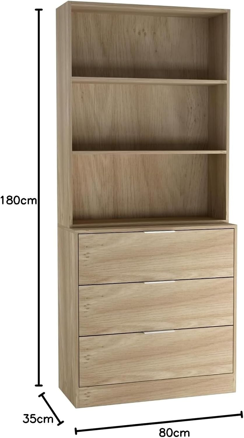 80cm Oak 3 Drawer Wooden Storage Chest Cabinet with Oak Bookcase Shelving