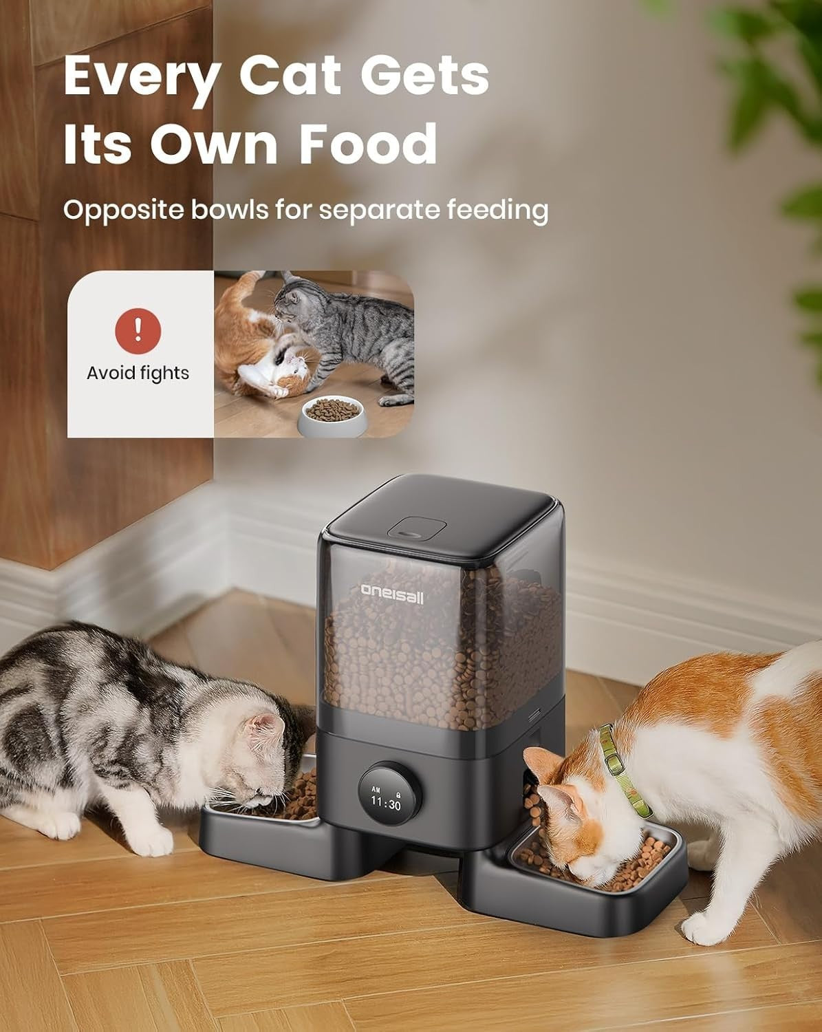 Automatic Cat Feeder for 2 Cats 5L Timed Food Dispenser Dual Bowl