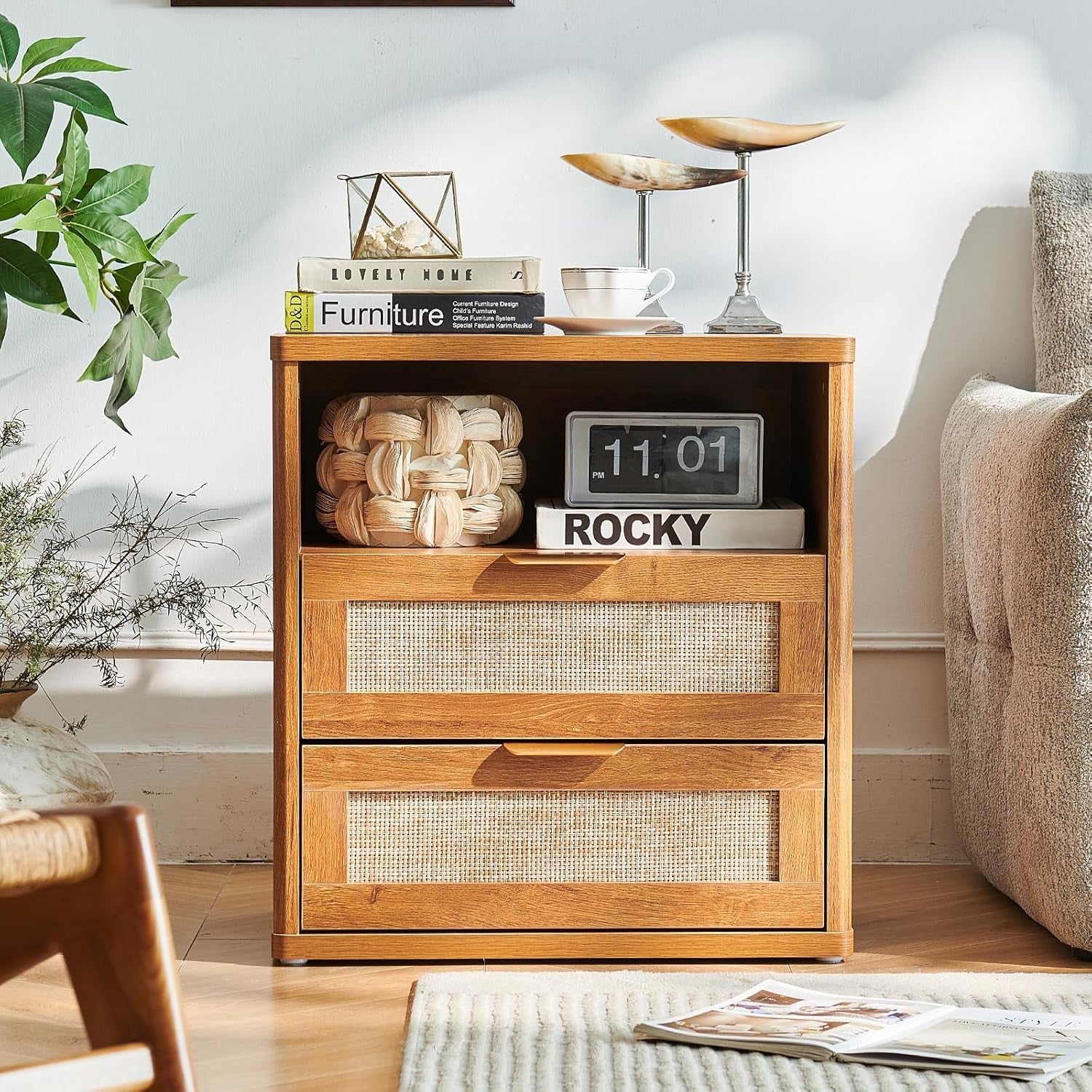 Wide Rattan Bedside Table with 2 Drawers Boho Wood Nightstand Storage Cabinet