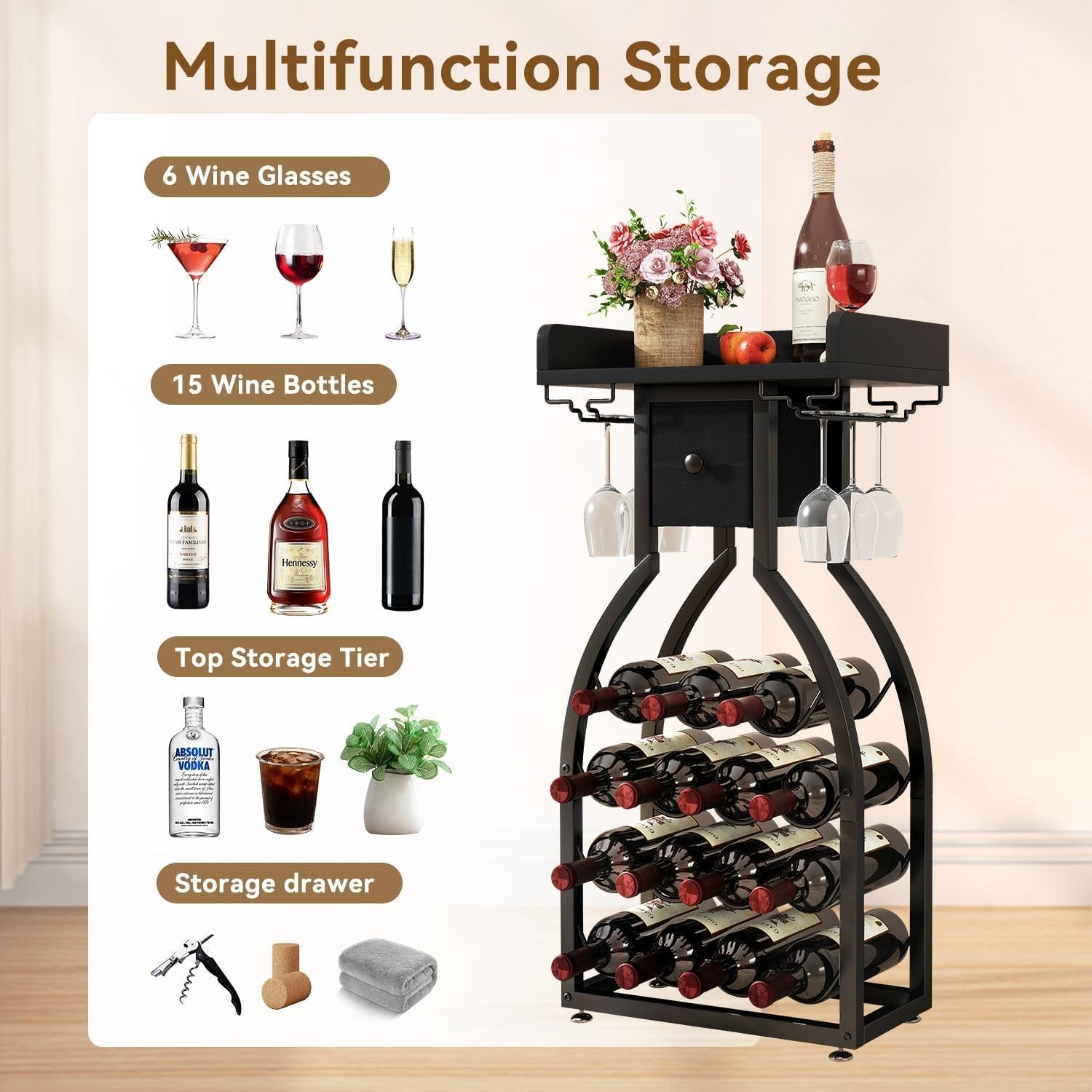 Freestanding Wine Rack 15 Bottle Storage with Glass Holder & Drawer Home Bar